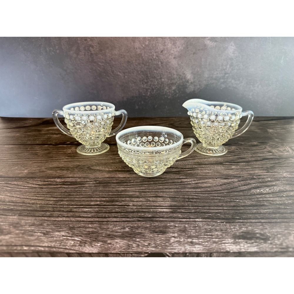 Vintage Fenton Hobnail Opalescent Glass Cream Sugar Set and Teacup 3 Piece